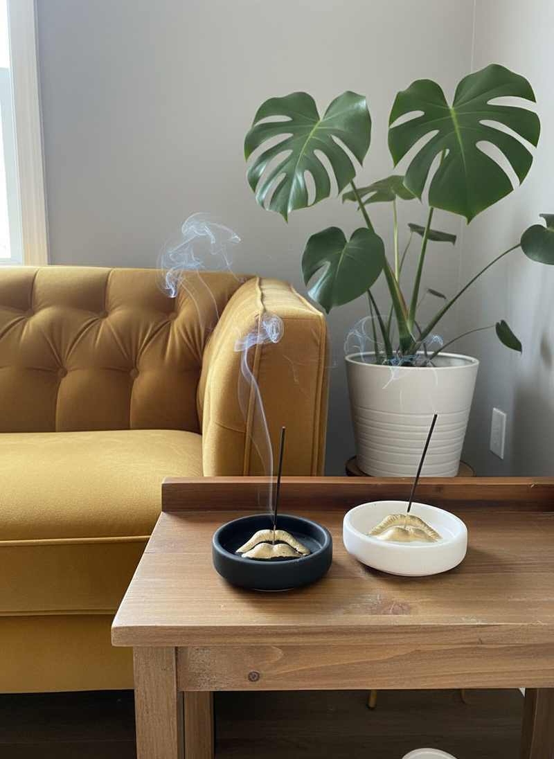 A pair of white/gold and black/gold Sculptural Lips Incense Holder styled on a wooden accent table with incense burning in living room styled with a cold tufted couch and a monstera plant potted against a gray wall. 