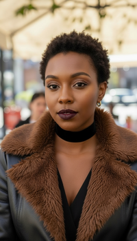 Woman wearing the Afro Beauty Cameo Choker Necklace, by Sunni Dineen, and a brown fur-lined coat with a blurred outdoor background.