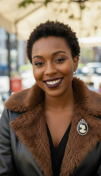 Woman wearing the Afro Beauty Cameo Brooch, by Sunni Dineen, and a brown fur-lined coat with a decorative brooch, smiling outdoors.