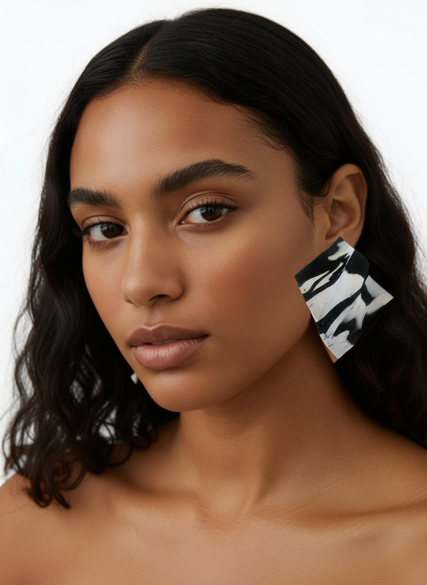 A model wearing a pair of abstract black & white 'Monae' statement earrings, handmade by Sunni Dineen, against a white background.