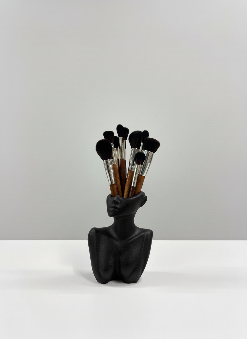 The Handcrafted Décolletage Vase made by Sunni Dineen, in black color, displayed holding makeup brushes on a white surface and neutral background.