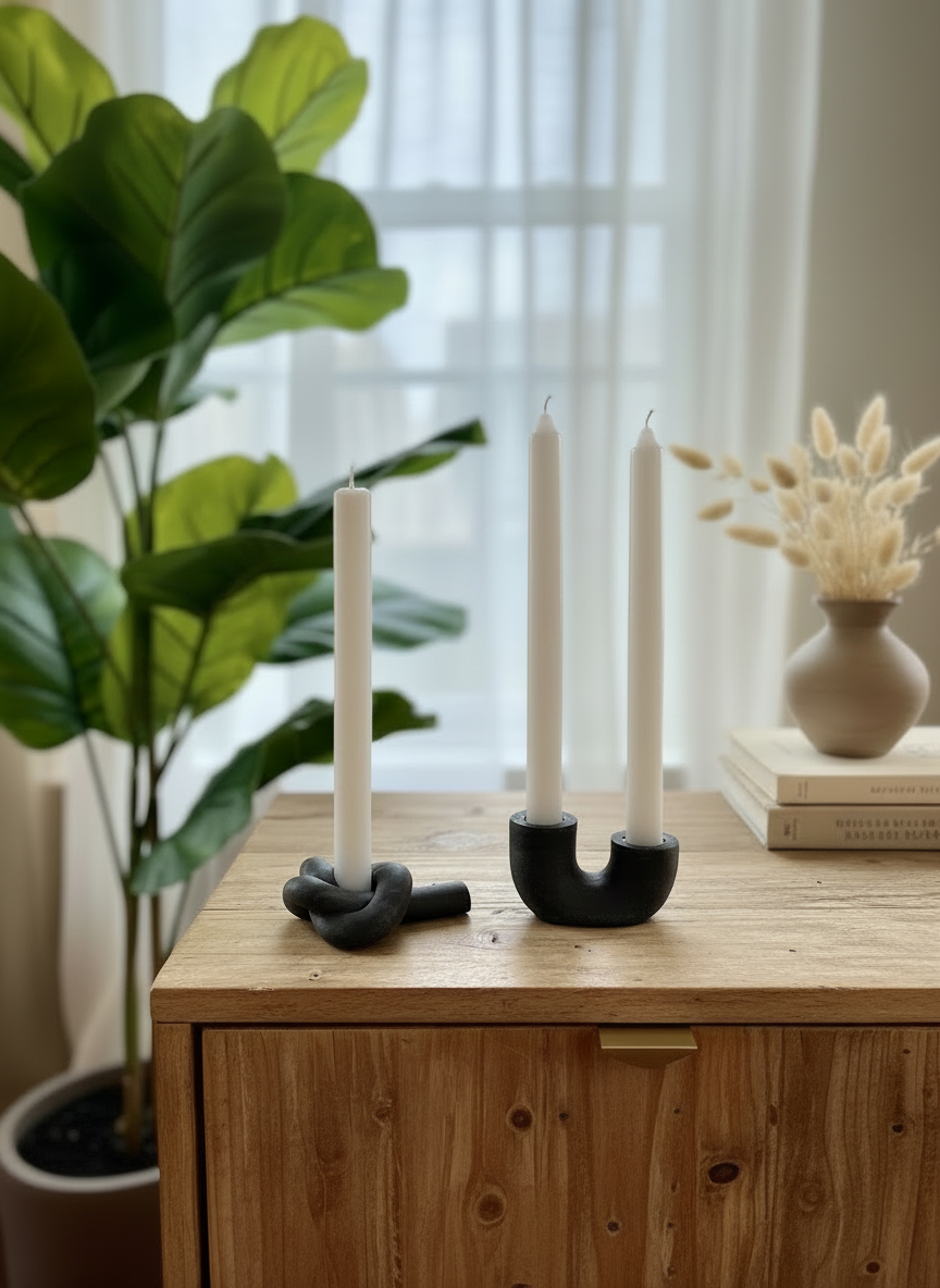 The Mini Sculptural Candlestick Holder Set in black; handmade by Sunni Dineen; displayed on a wooden surface with plants and books in the background.
