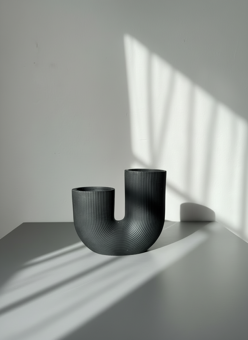 Black U-shaped ribbed vase, handmade by Sunni Dineen, on a white surface with shadows cast by sunlight.