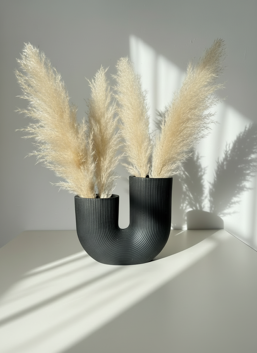 Black U-shaped ribbed vase, handmade by Sunni Dineen, with dried pampas grass against a white wall.