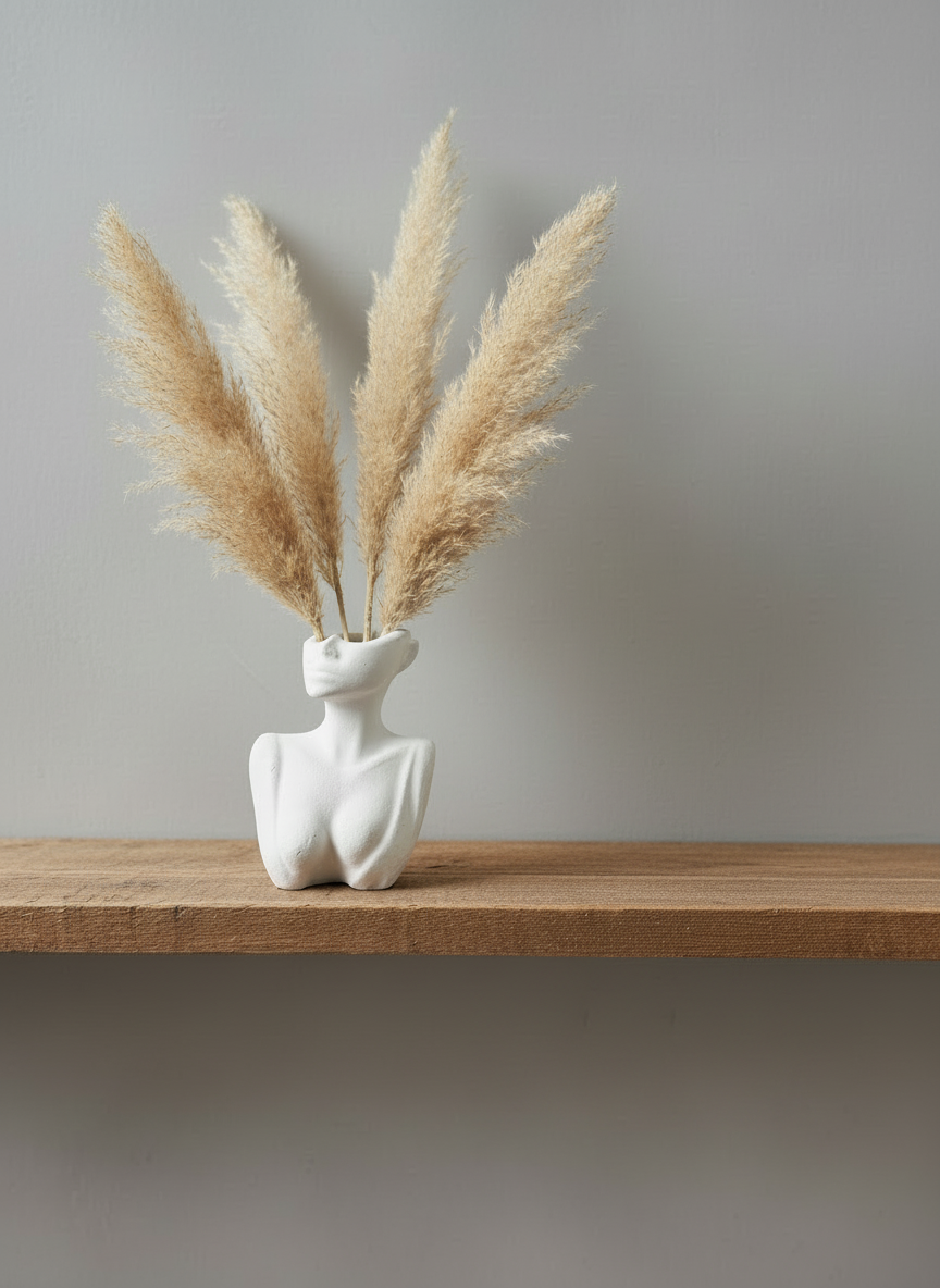 The Handcrafted Décolletage Vase made by Sunni Dineen, in bone color, displayed holding dried flowers on a wooden shelf.