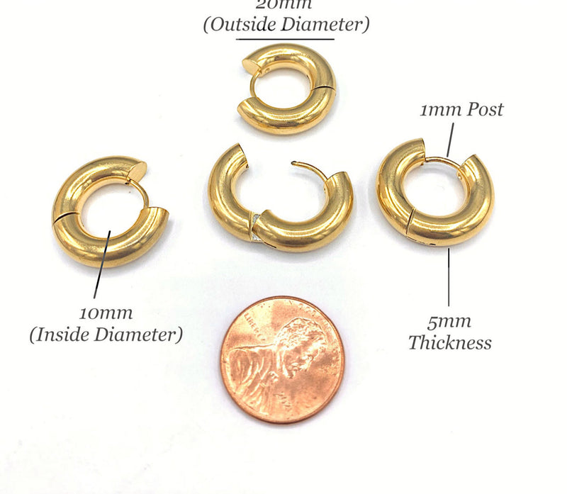 Gold hoop earrings with measurements labeled on a white background
