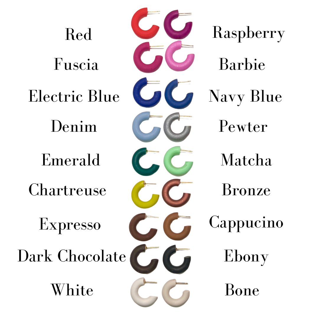Available color swatches of hoop earrings with labels on a white background.