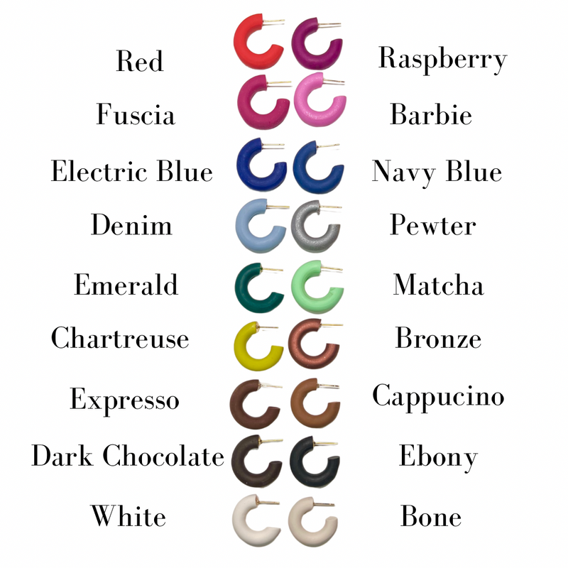 Available color swatches of hoop earrings with labels on a white background.
