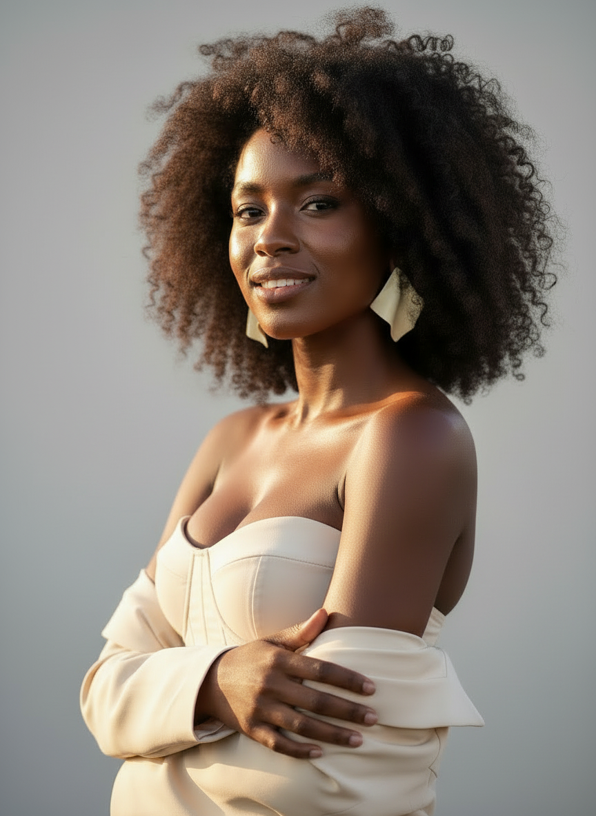 A model with curly hair standing against a neutral background styled wearing a cream corset with matching blazer and a pair of buttercream yellow 'Monae' statement earrings handmade by Sunni Dineen.