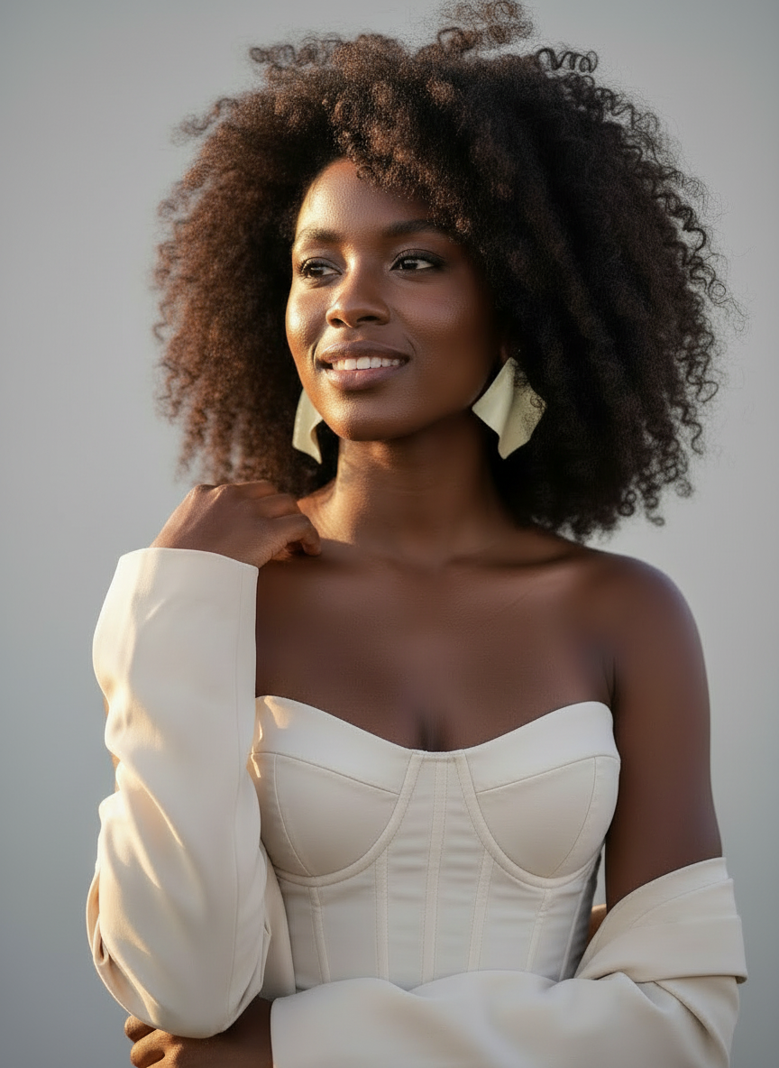A model with curly hair standing against a neutral background styled wearing a cream corset with matching blazer and a pair of buttercream yellow 'Monae' statement earrings handmade by Sunni Dineen.
