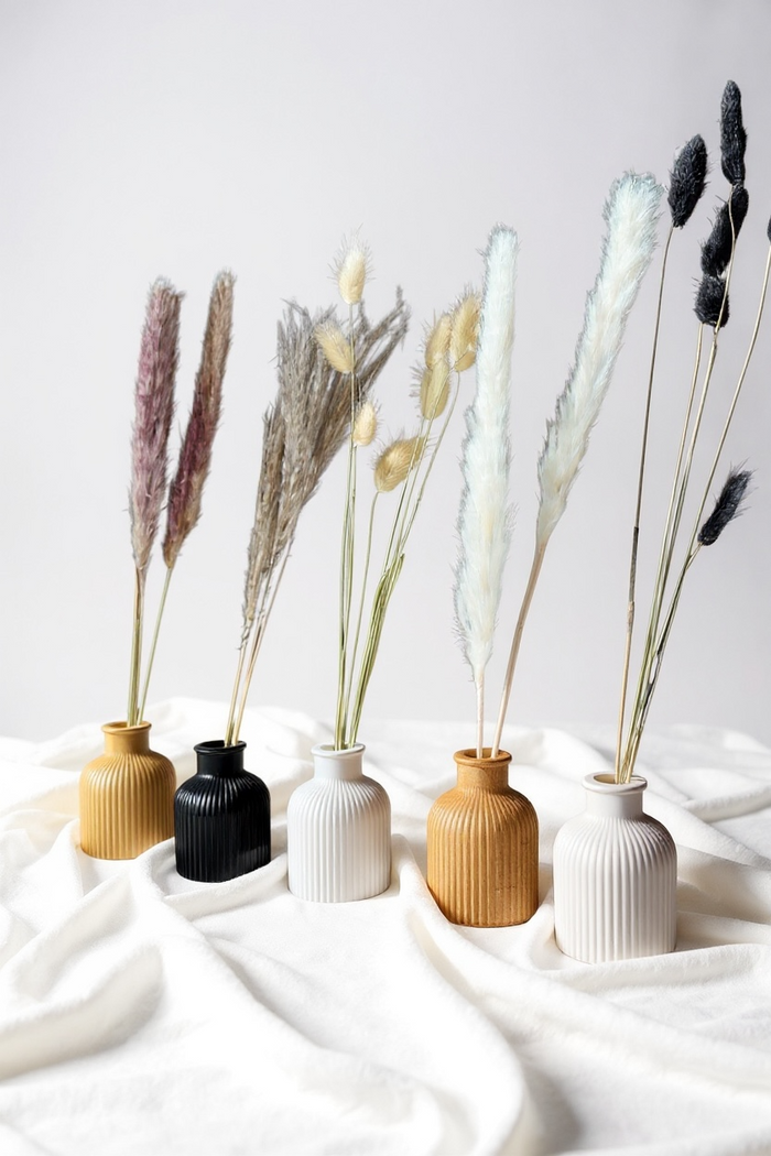 Handcrafted custom mini vase styling kit gift set displayed in a row with dried flower bundles on a fabric-draped tabletop by Sunni Dineen.