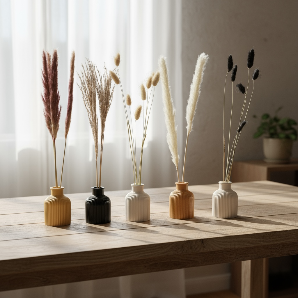 Handcrafted ribbed mini vases displayed in a row on a wooden table top styled with preserved dried flowers for home décor styling by Sunni Dineen.