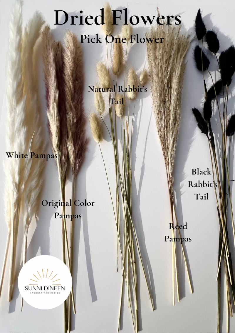 Selection of dried floral stem bundles including pampas, bunny tails, and other floral options to choose from to personalize the custom mini vase styling kit by Sunni Dineen.