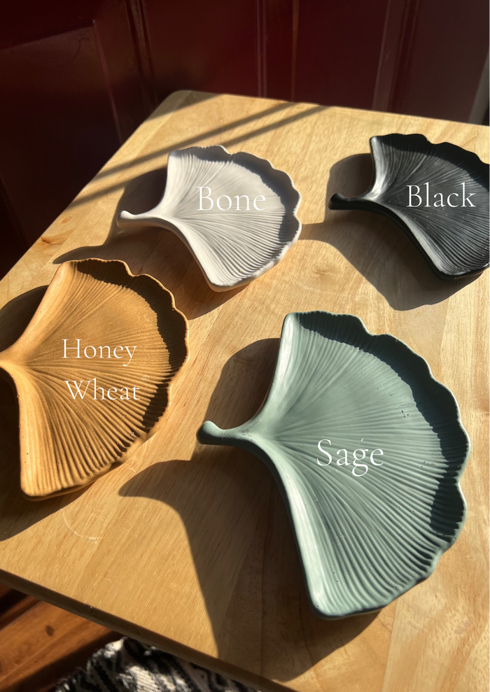 Four Ginkgo Leaf Trinket Dishes arranged on a wooden table with their respective colors labeled: 'Bone', 'Black', Honey Wheat', 'Sage'; all handmade by Sunni Dineen.