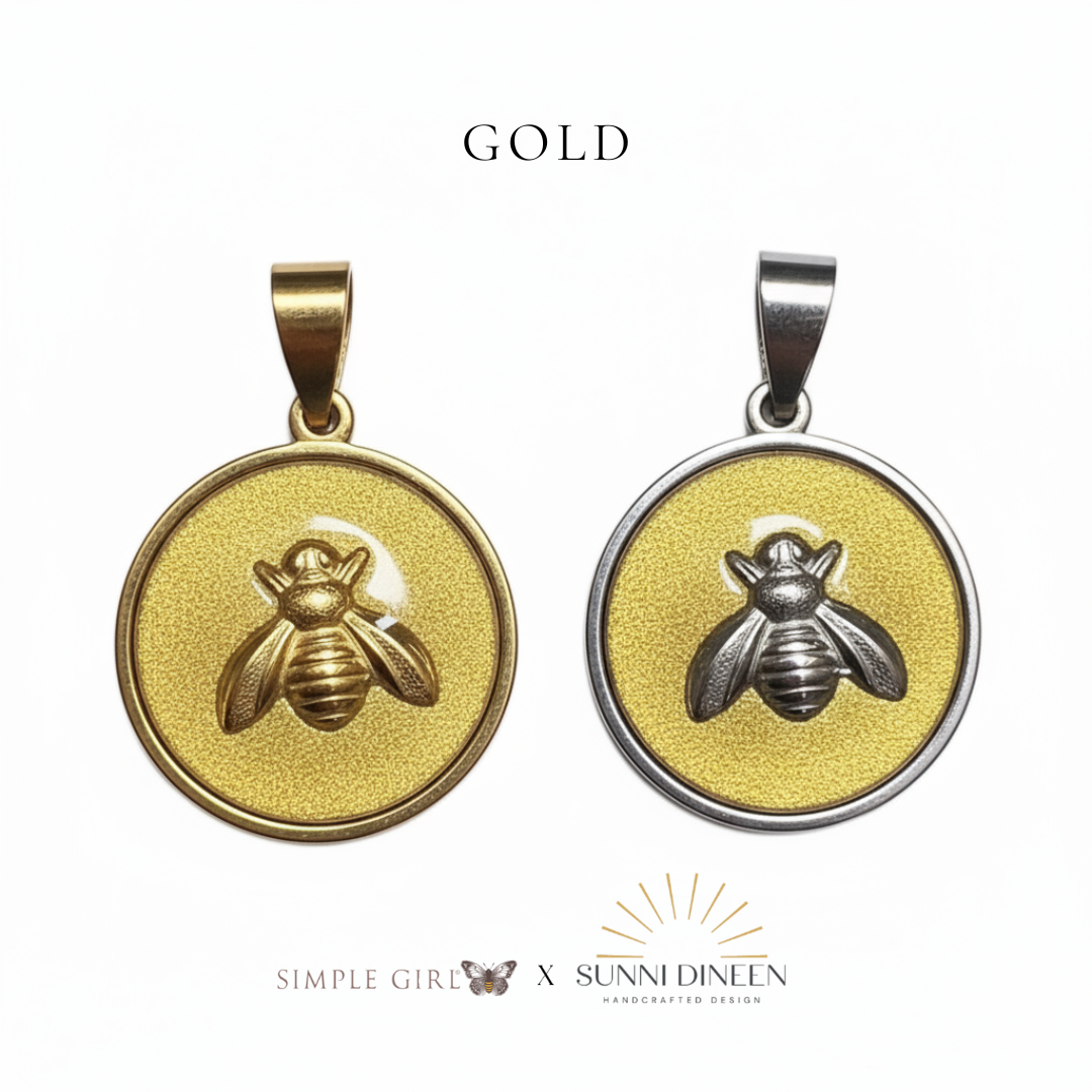 Queen Honeybee Necklace Pendants, one gold and one silver displayed on a white background with 'GOLD' text color option above by Simple Girl Brand X Sunni Dineen Handcrafted Design.