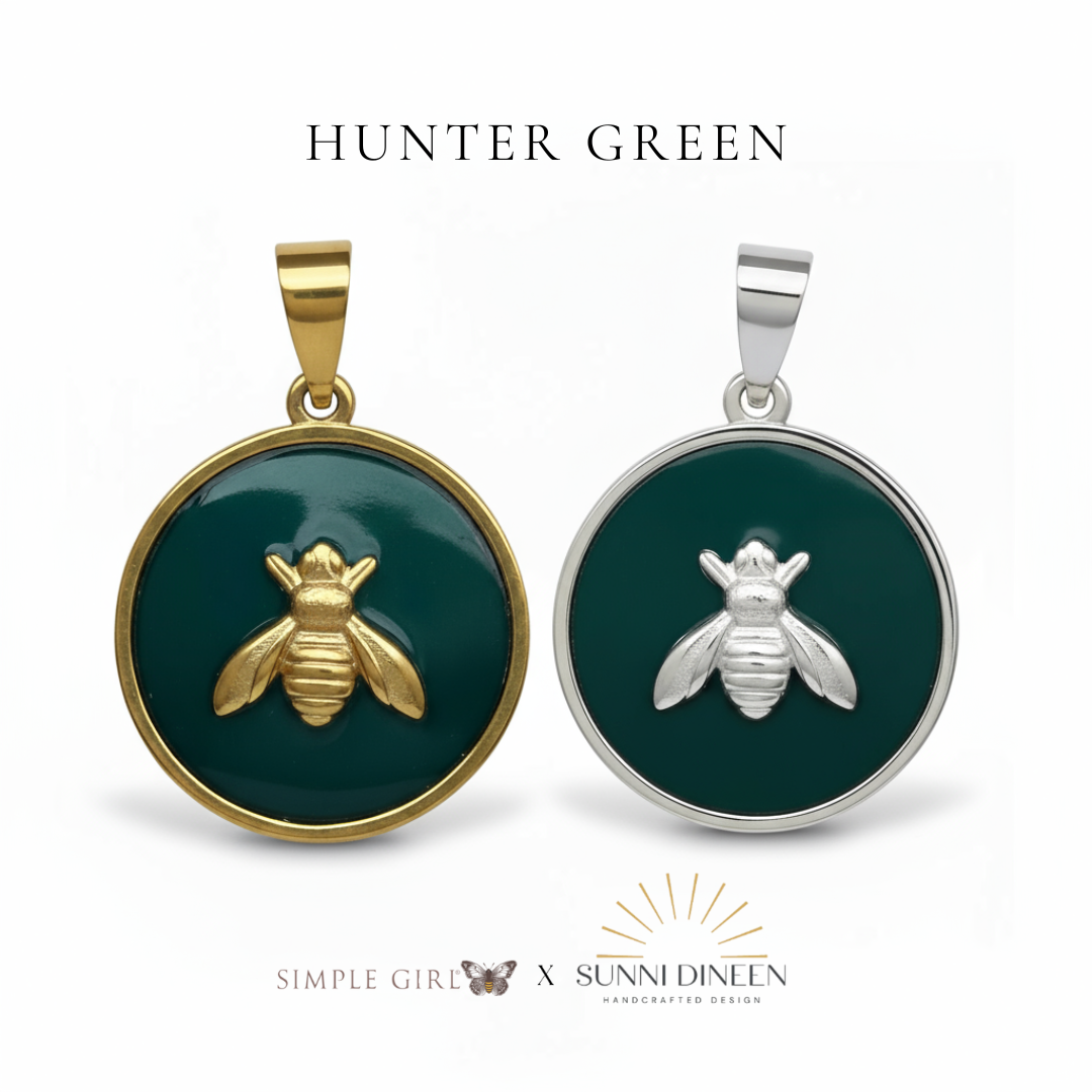 Queen Honeybee Necklace Pendants, one gold and one silver displayed on a white background with 'HUNTER GREEN' text color option above by Simple Girl Brand X Sunni Dineen Handcrafted Design.