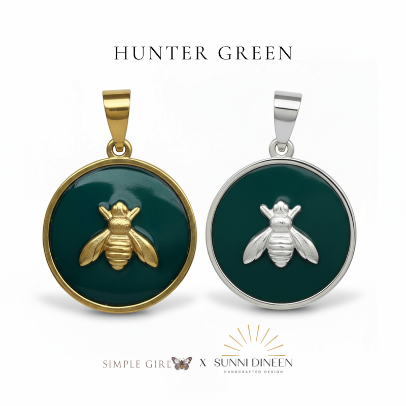 Queen Honeybee Necklace Pendants, one gold and one silver displayed on a white background with 'HUNTER GREEN' text color option above by Simple Girl Brand X Sunni Dineen Handcrafted Design.