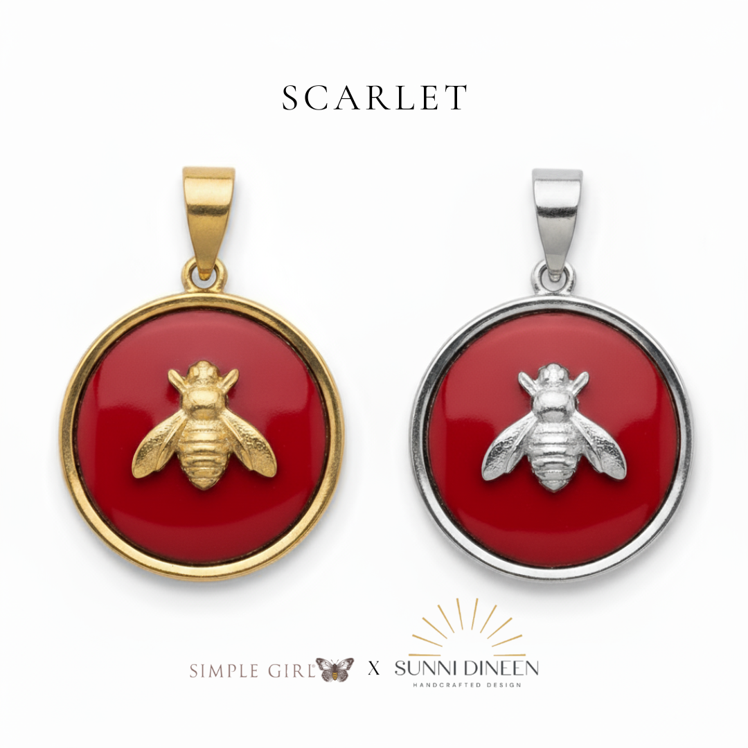 Queen Honeybee Necklace Pendants, one gold and one silver displayed on a white background with 'SCARLET' text color option above by Simple Girl Brand X Sunni Dineen Handcrafted Design.