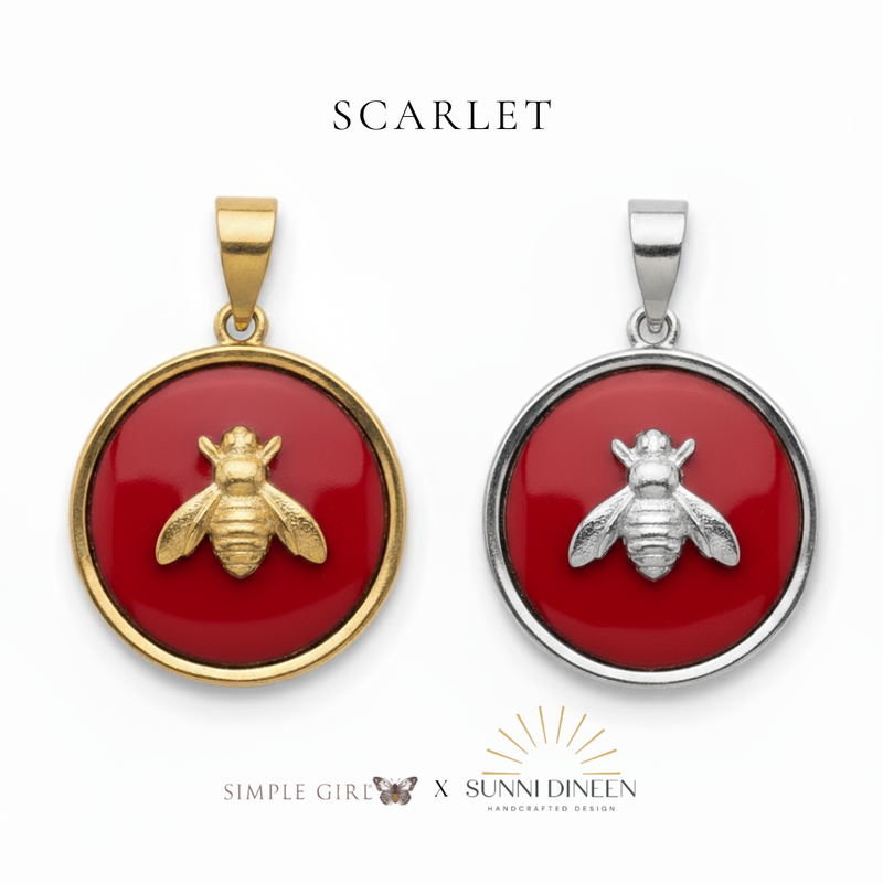 Queen Honeybee Necklace Pendants, one gold and one silver displayed on a white background with 'SCARLET' text color option above by Simple Girl Brand X Sunni Dineen Handcrafted Design.