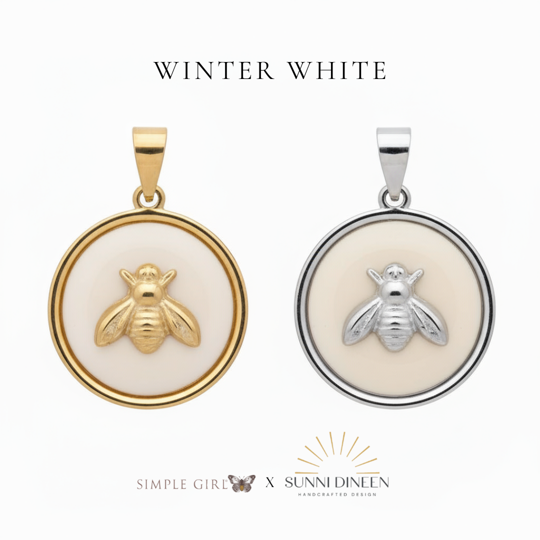 Queen Honeybee Necklace Pendants, one gold and one silver displayed on a white background with 'WINTER WHITE' text color option above by Simple Girl Brand X Sunni Dineen Handcrafted Design.