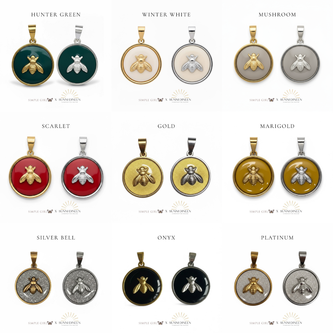 SGB x SDHD Collection of Queen Honeybee Necklace pendants in various colors with labels above each.