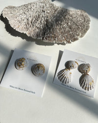 Gold Leaf Seashell Bauble Earring Set displayed on Sunni Dineen earring cards with a white coral in the background.