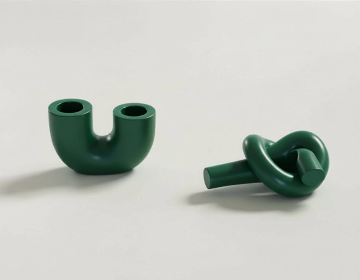 A green U-shaped candlestick holder & green knot candlestick holder handmade by Sunni Dineen, displayed on a white surface.