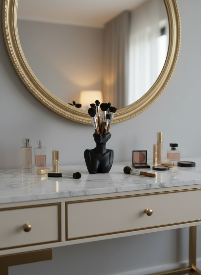 Makeup vanity with mirror, brushes, and The Handcrafted Décolletage Vase made by Sunni Dineen, in black color, displayed on the vanity.
