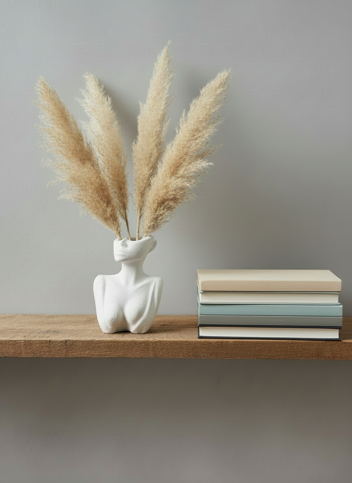 The Handcrafted Décolletage Vase made by Sunni Dineen, in bone color, displayed holding dried pampas grass on a wooden shelf with book stack.