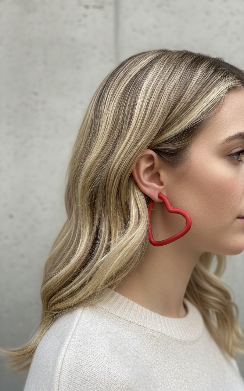 Woman wearing a pair of large red open heart hoop earrings against a neutral background, handmade by Sunni Dineen.