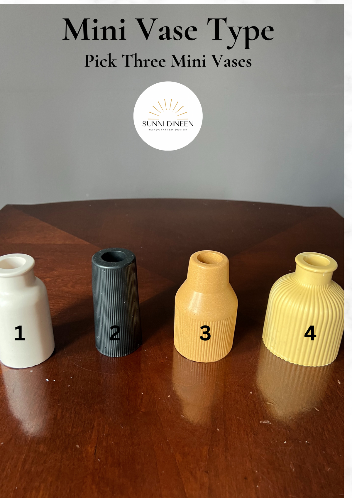 Four custom mini vase shape options in matte finishes displayed on a wooden table to choose from the custom mini vase styling kit by Sunni Dineen.