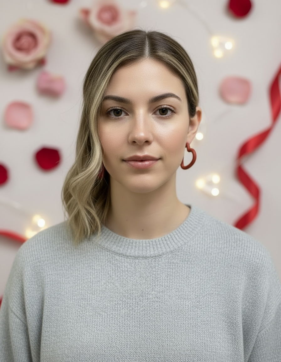 Woman wearing a pair of small red open heart hoop earrings handmade by Sunni Dineen; and a light gray sweater with a decorative background featuring flowers and lights.