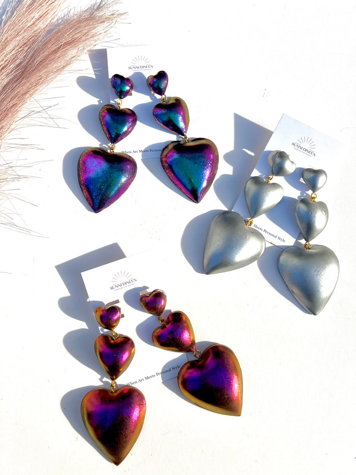 Metallic Heart Balloon Earrings  handmade by Sunni Dineen, displayed on white background