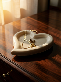 A resin heart-shaped trinket dish handmade by Sunni Dineen with gold jewelry placed on it on a wooden nightstand.