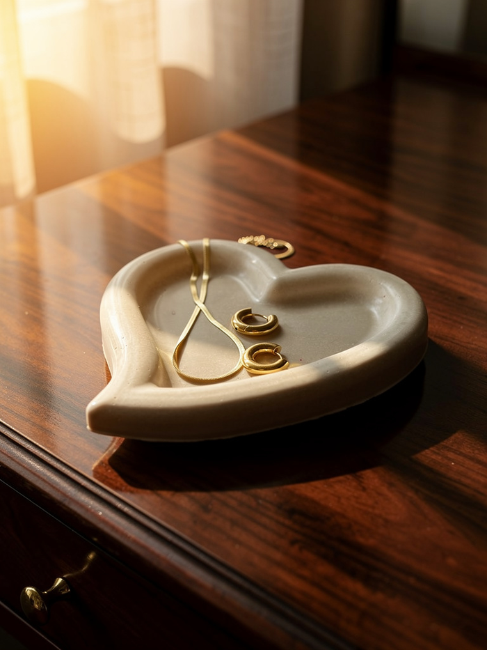 A resin heart-shaped trinket dish handmade by Sunni Dineen with gold jewelry placed on it on a wooden nightstand.