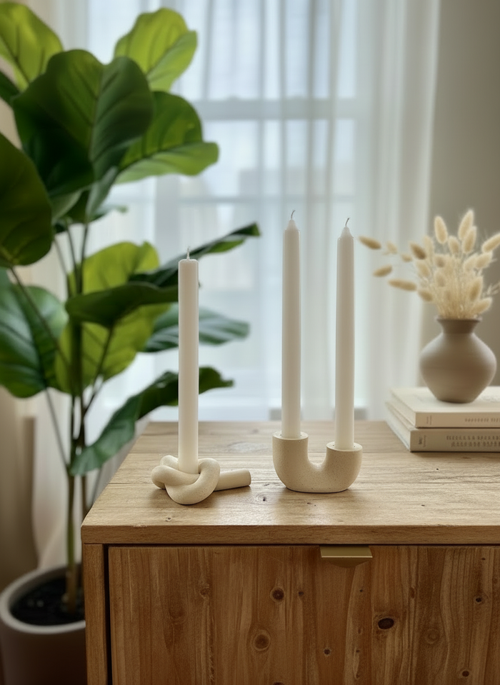 The Mini Sculpted Candlestick Holder Set in ivory; handmade by Sunni Dineen; displayed on a wooden surface with plants and books in the background.