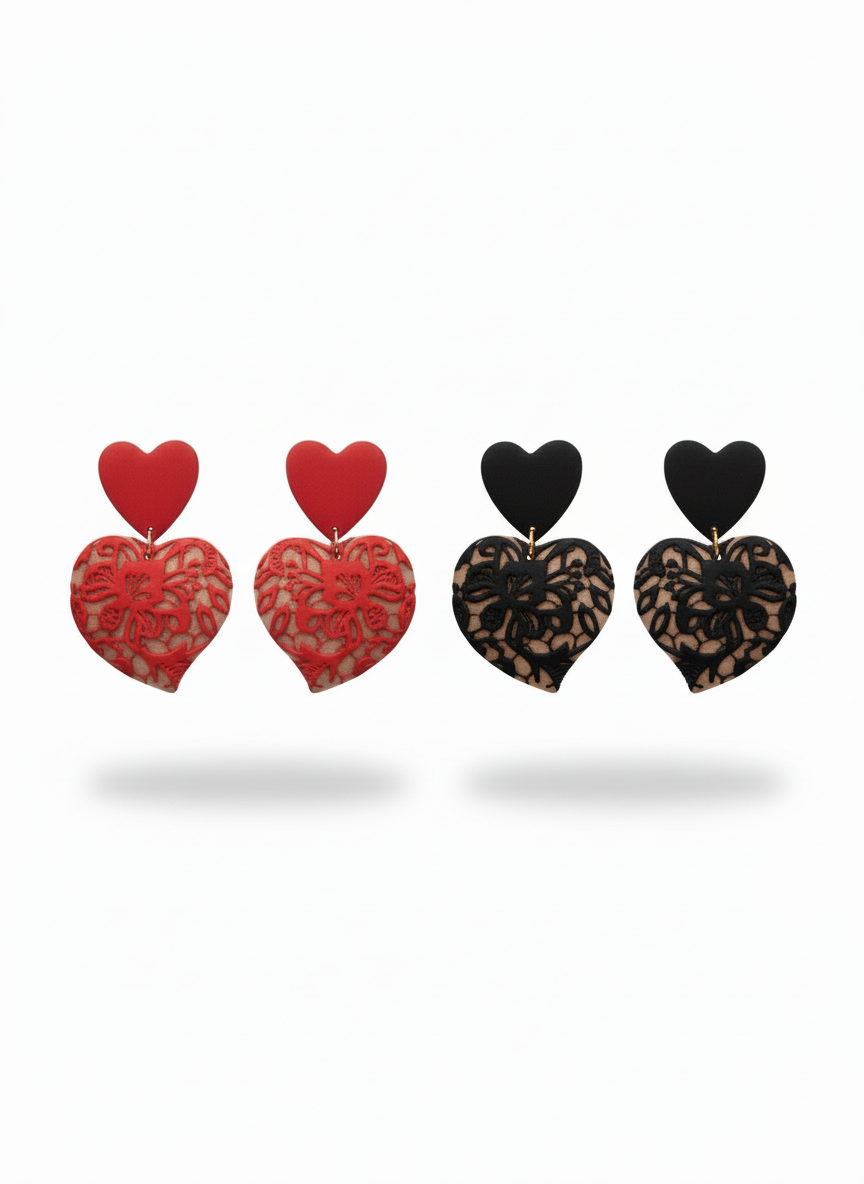 Red and Black Lace Puffy Heart Statement Earrings handmade by Sunni Dineen, on a white background.