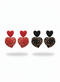 Red and Black Lace Puffy Heart Statement Earrings handmade by Sunni Dineen, on a white background.