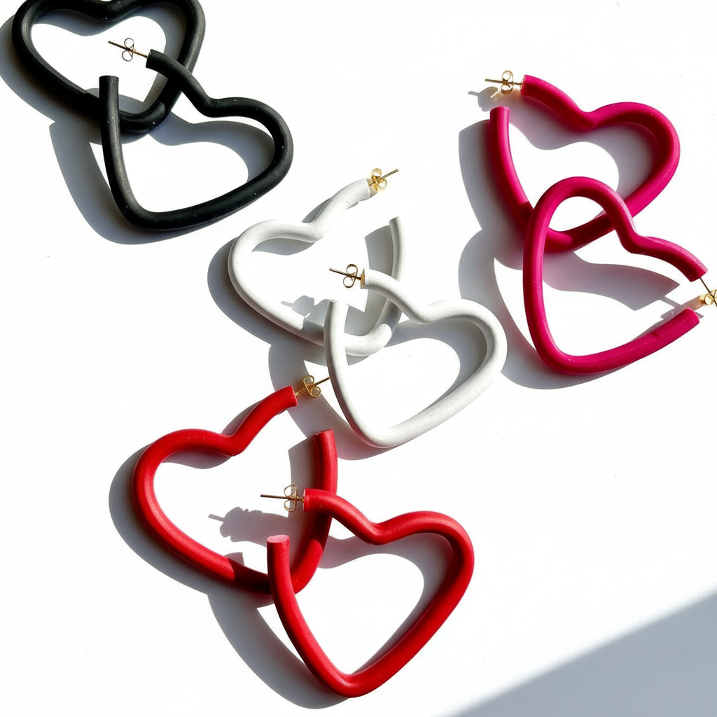 Pairs of large red, black, white and fuchsia open heart hoop earrings on a white surface, handmade by Sunni Dineen.