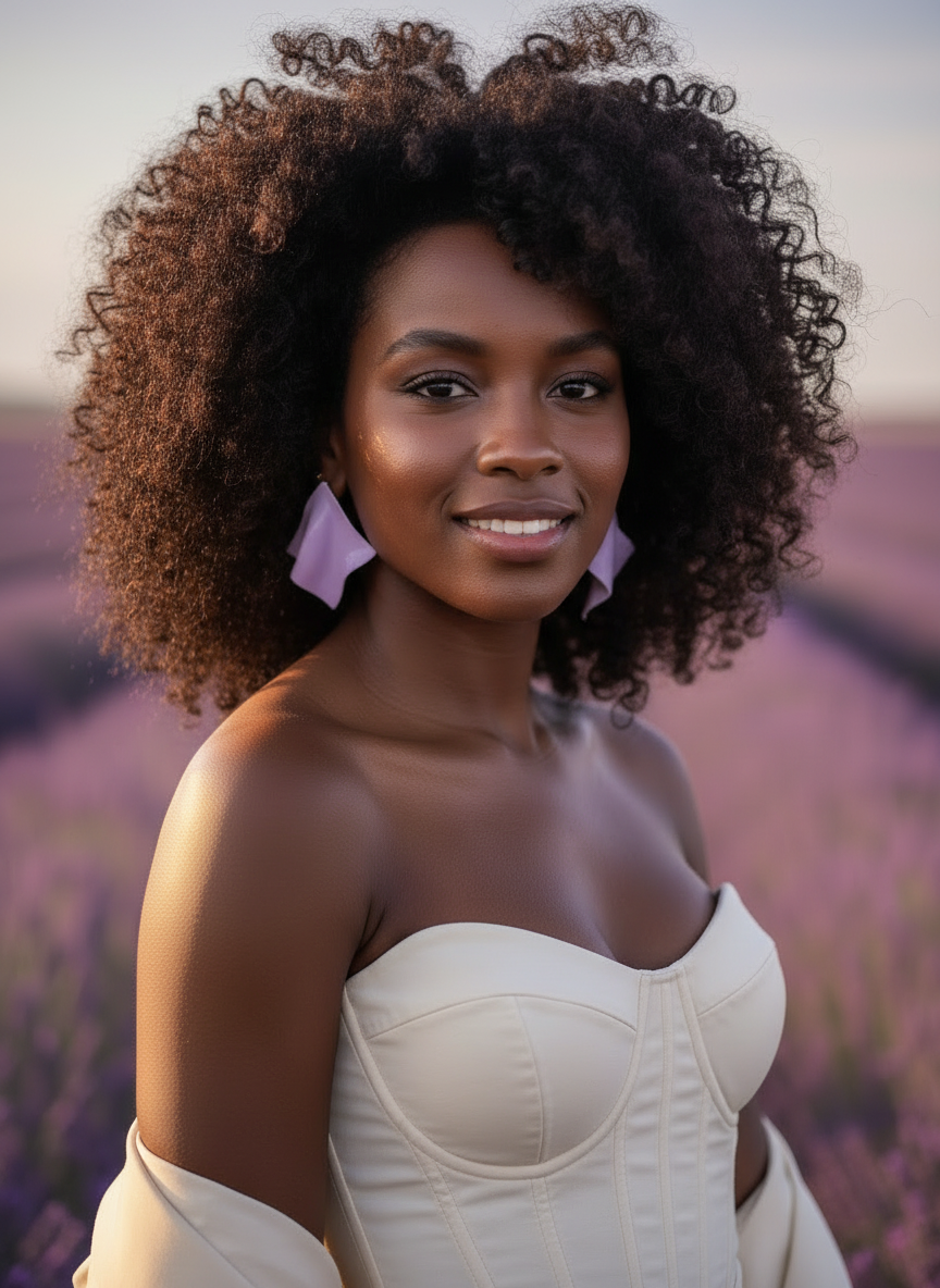 A model with curly hair standing in a field of lavender flowers styled wearing a cream corset with matching blazer and a pair of lavender 'Monae' statement earrings handmade by Sunni Dineen.