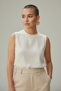A model with a buzz cut styled wearing a white sleeveless blouse, khaki trousers, and a pair of Lumi Statement Earrings.