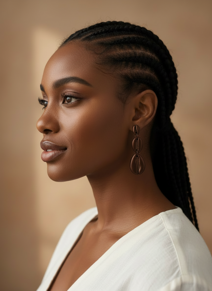 Woman with braided hair wearing a white top and the mocha metallic Cowrie Shell Tiered Drop Earrings handmade by Sunni Dineen, against a neutral background.