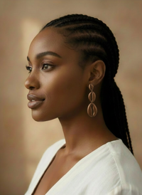 Woman with braided hair wearing a white top and the metallic mocha-colored Cowrie Shell Tiered Drop Earrings handmade by Sunni Dineen, against a neutral background.