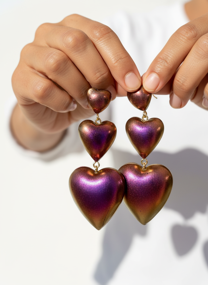 A pair Heart Balloon Statement Earrings in iridescent pink-gold color, held in the hands of someone.