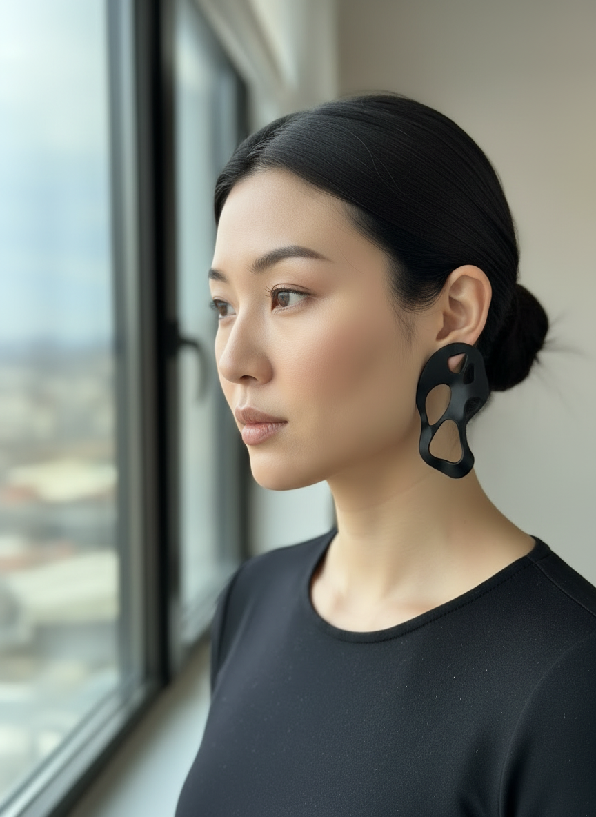A model looking out of a city window with a neutral background, styled wearing a black t-shirt and a pair of black 'Alma' sculptural statement earrings handmade by Sunni Dineen.