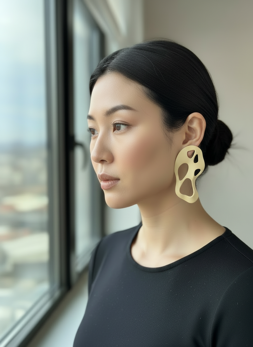 A model looking out of a city window with a neutral background, styled wearing a black t-shirt and a pair of buttercream yellow 'Alma' sculptural statement earrings handmade by Sunni Dineen.