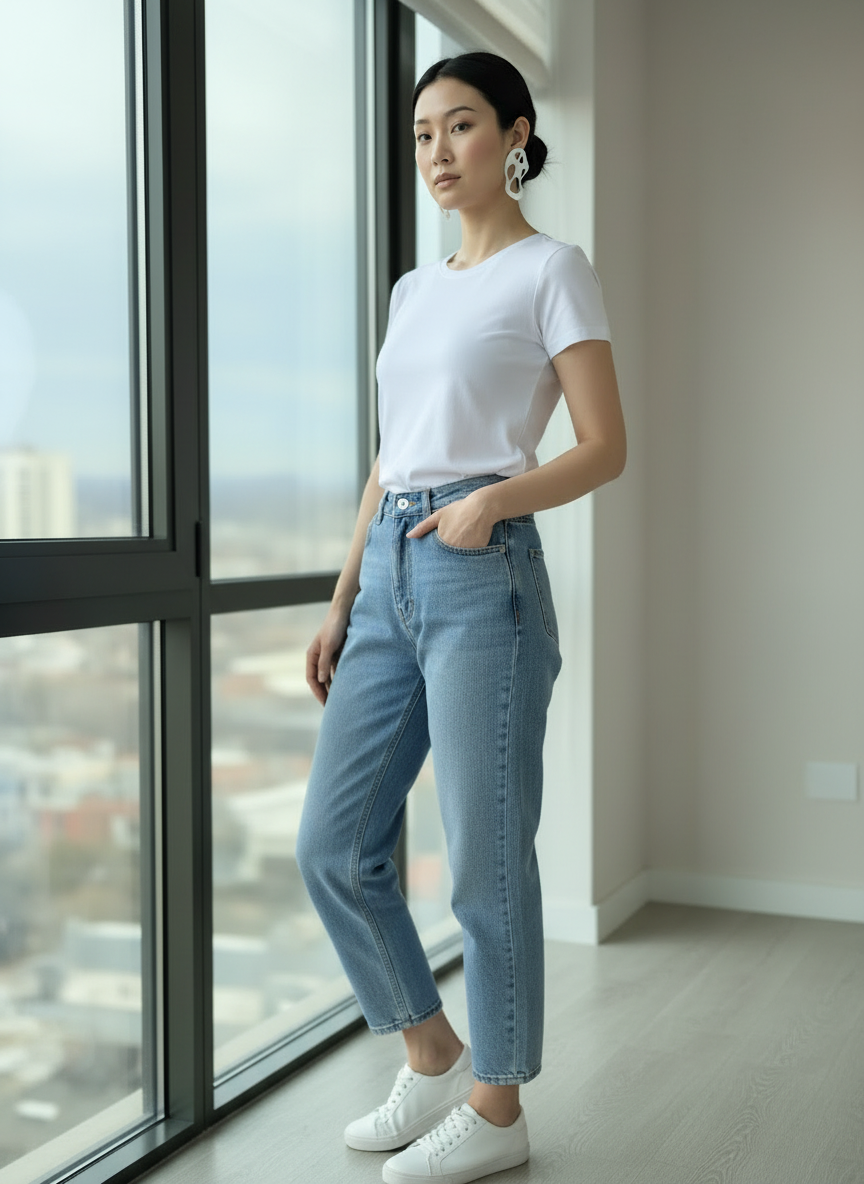 A model looking out of a city window with a neutral background, styled wearing a white t-shirt, denim jeans, and a pair of blue 'Alma' sculptural statement earrings handmade by Sunni Dineen.