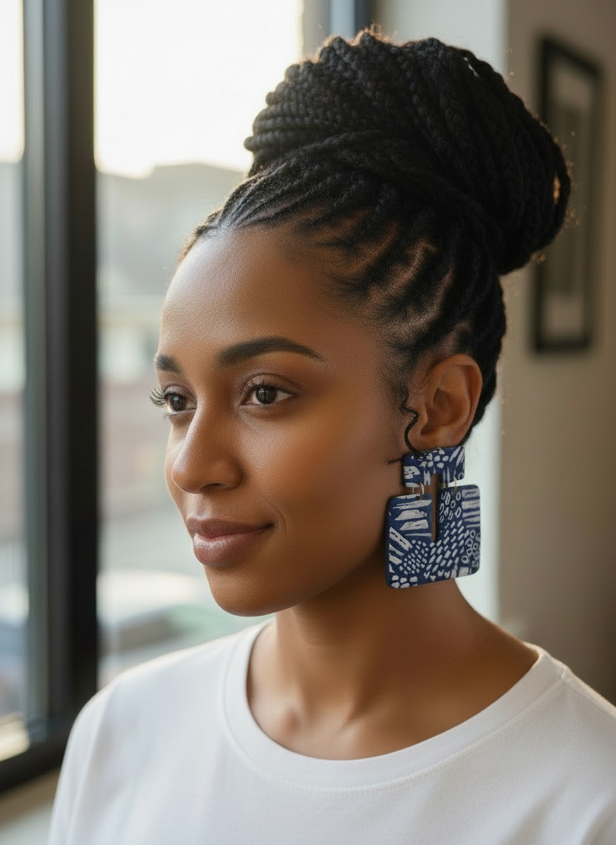 Woman with braids standing next to a window styled wearing a white t-shirt and a pair of 'Kalani' blue & white patterned statement earrings, handmade by Sunni Dineen.