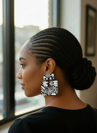 Woman with braids standing next to a window styled wearing a black t-shirt and a pair of 'Kalani' black & white patterned statement earrings, handmade by Sunni Dineen.
