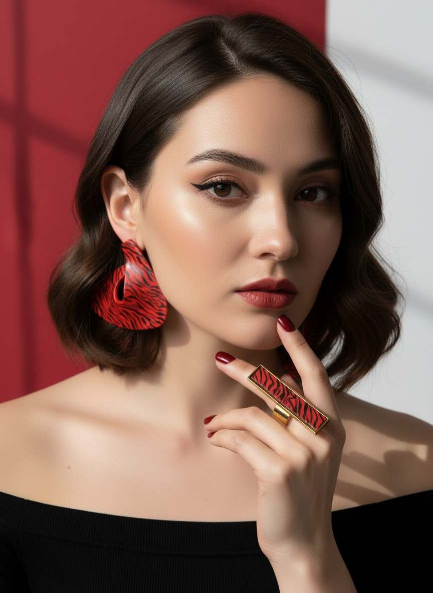 Model wearing red lipstick and the red zebra animal print rectangle statement ring and matching red zebra animal print 'Asha' statement earrings handmade by Sunni Dineen.